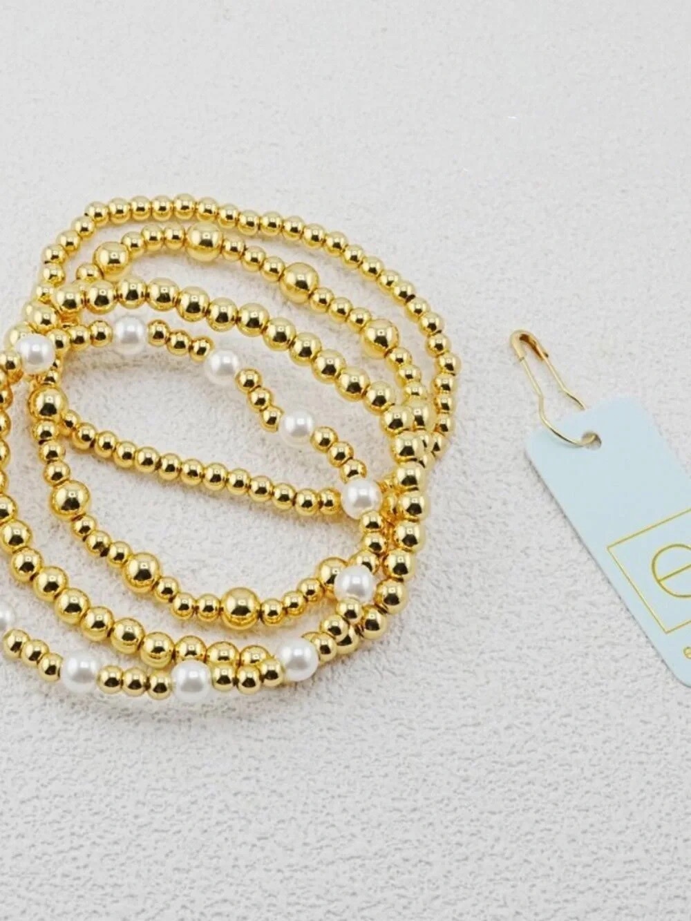 Gold Beaded Pearl Accent Stretch Bracelet - Women Jewelry